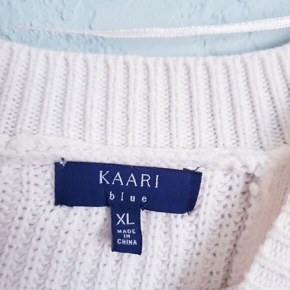 Kaari Blue Ivory Oversized Ribbed Knit Lace Applique Split Back Sweater Tunic - Picture 3 of 6